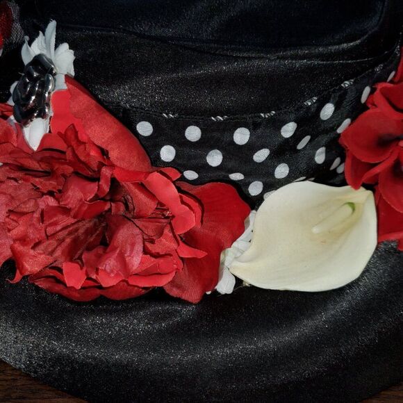 Handmade Kentucky Derby Custom Floral Black & Red Straw Big Brim Hat - Picture 5 of 7